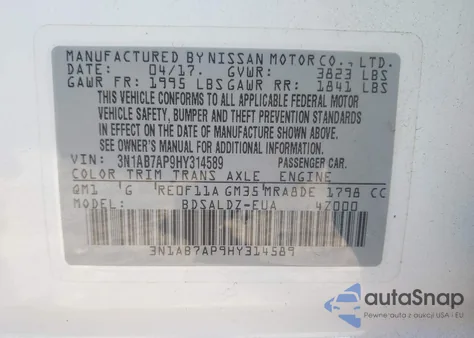2017 Nissan Sentra Sv from USA, damaged, VIN 3N1AB7AP9HY314589